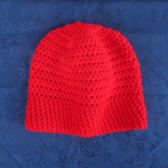 Hand Crocheted Unisex Bright Red Beanie - Picture 2 of 6